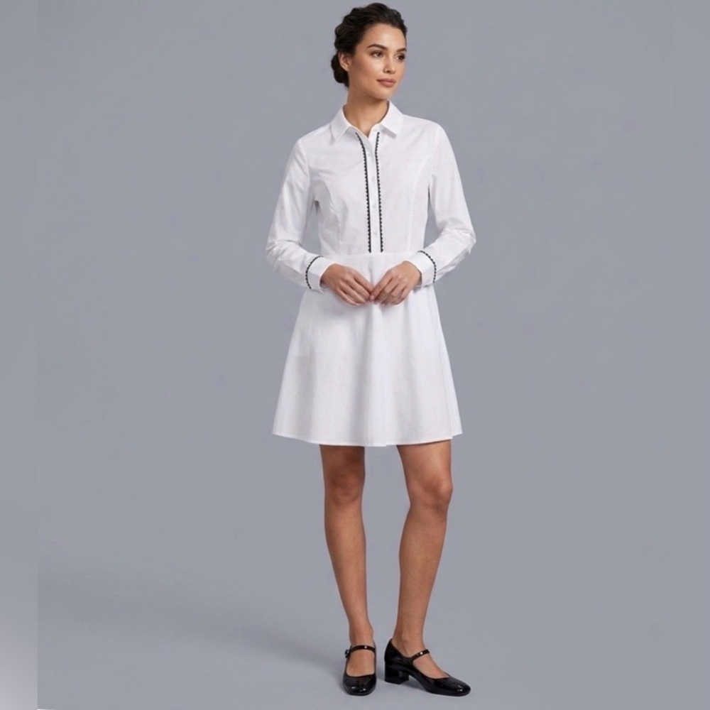 English Factory Crisp White Shirt Dress w/ Black Trim French Girl - Large - NWT